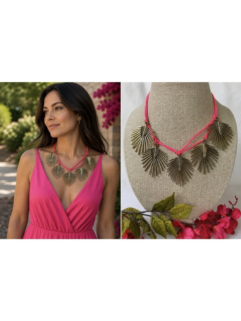 Nordstrom Sequin NYC Gold Tone Pink Palm Feather Charm CZ Necklace Vintage NEW